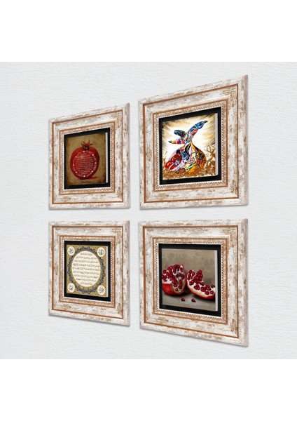 Sri Yantra, Hayat Ağacı, Nar Taş Duvar Tablosu Çerçeveli Duvar Dekoru 4 Parça Tablo Seti Wall Art T4-651