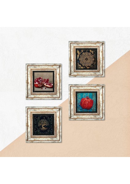 Sri Yantra, Hayat Ağacı, Nar Taş Duvar Tablosu Çerçeveli Duvar Dekoru 4 Parça Tablo Seti Wall Art T4-651