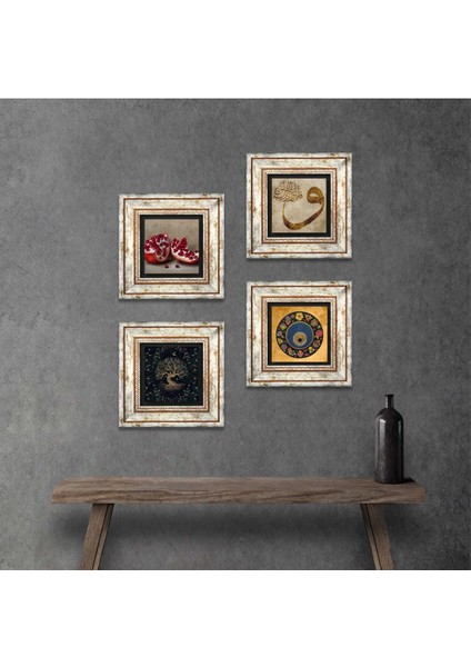 Hayat Ağacı, Vav, Nazar, Nar Taş Duvar Tablosu Çerçeveli Duvar Dekoru 4 Parça Tablo Seti Wall Art T4-658