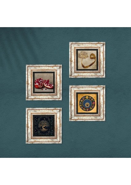 Hayat Ağacı, Vav, Nazar, Nar Taş Duvar Tablosu Çerçeveli Duvar Dekoru 4 Parça Tablo Seti Wall Art T4-658