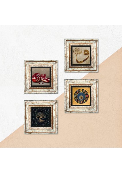 Hayat Ağacı, Vav, Nazar, Nar Taş Duvar Tablosu Çerçeveli Duvar Dekoru 4 Parça Tablo Seti Wall Art T4-658