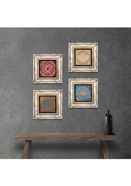 Mandala, Yaşam Çiçeği, Lotus Çiçeği Çerçeveli Taş Duvar Tablosu 4’lü Set - Dekoratif Modern Sanat, Ev ve Ofis Dekoru |TK4-826|