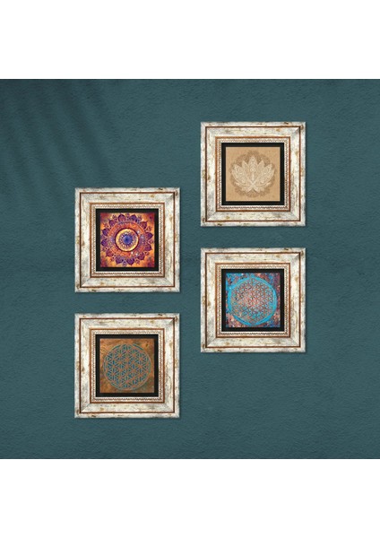 Mandala, Yaşam Çiçeği, Lotus Çiçeği Çerçeveli Taş Duvar Tablosu 4’lü Set - Dekoratif Modern Sanat, Ev ve Ofis Dekoru |TK4-826| fırsatları