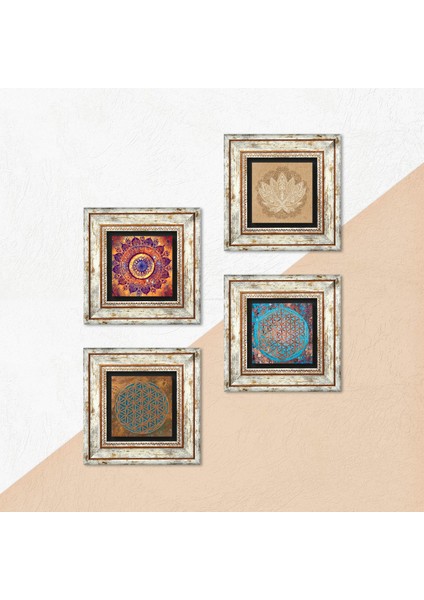 Mandala, Yaşam Çiçeği, Lotus Çiçeği Çerçeveli Taş Duvar Tablosu 4’lü Set - Dekoratif Modern Sanat, Ev ve Ofis Dekoru |TK4-826| indirimleri