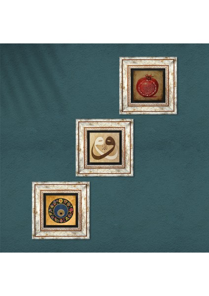 Vav, Nazar Boncuğu, Bereket Duası Taş Duvar Tablosu Çerçeveli Duvar Dekoru 3 Parça Tablo Seti Wall Art T3-286