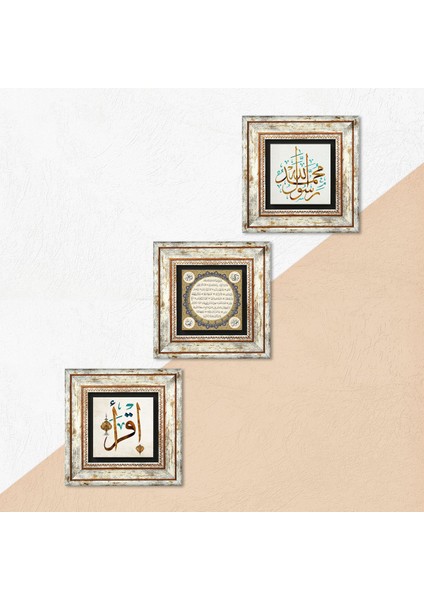 İlk Ayet 'Oku', Muhammed Resulullah Lafzı, Hilye-i Şerif Taş Duvar Tablosu Çerçeveli Duvar Dekoru 3 Parça Tablo Seti Wall Art T3-290