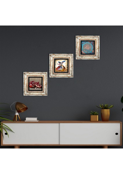 Yaşam Çiçeği, Semazen, Nar Taş Duvar Tablosu Çerçeveli Duvar Dekoru 3 Parça Tablo Seti Wall Art T3-313