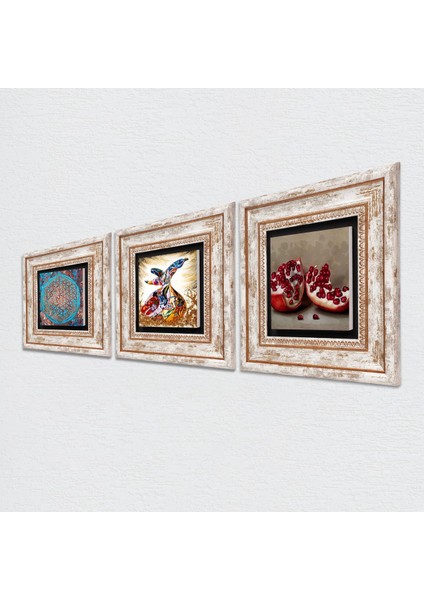 Yaşam Çiçeği, Semazen, Nar Taş Duvar Tablosu Çerçeveli Duvar Dekoru 3 Parça Tablo Seti Wall Art T3-313