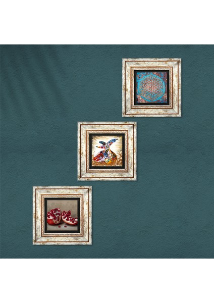 Yaşam Çiçeği, Semazen, Nar Taş Duvar Tablosu Çerçeveli Duvar Dekoru 3 Parça Tablo Seti Wall Art T3-313