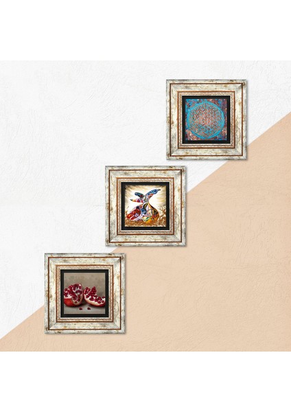 Yaşam Çiçeği, Semazen, Nar Taş Duvar Tablosu Çerçeveli Duvar Dekoru 3 Parça Tablo Seti Wall Art T3-313