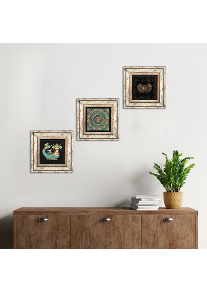 Mandala, Horus'un Gözü, Şahmeran Taş Duvar Tablosu Çerçeveli Duvar Dekoru 3 Parça Tablo Seti Wall Art T3-455