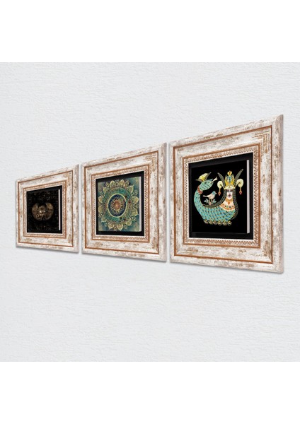 Mandala, Horus'un Gözü, Şahmeran Taş Duvar Tablosu Çerçeveli Duvar Dekoru 3 Parça Tablo Seti Wall Art T3-455