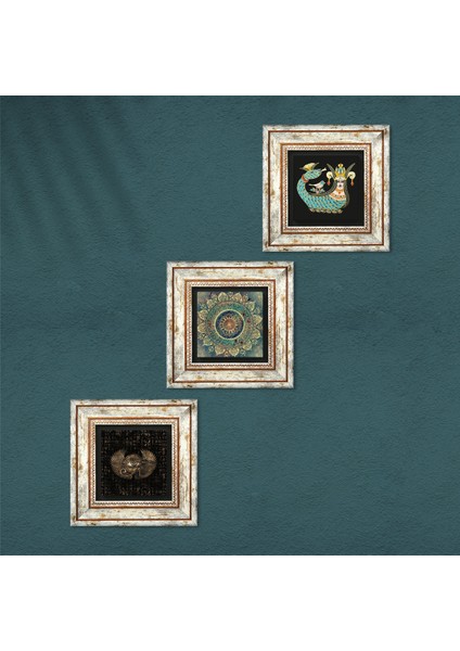 Mandala, Horus'un Gözü, Şahmeran Taş Duvar Tablosu Çerçeveli Duvar Dekoru 3 Parça Tablo Seti Wall Art T3-455