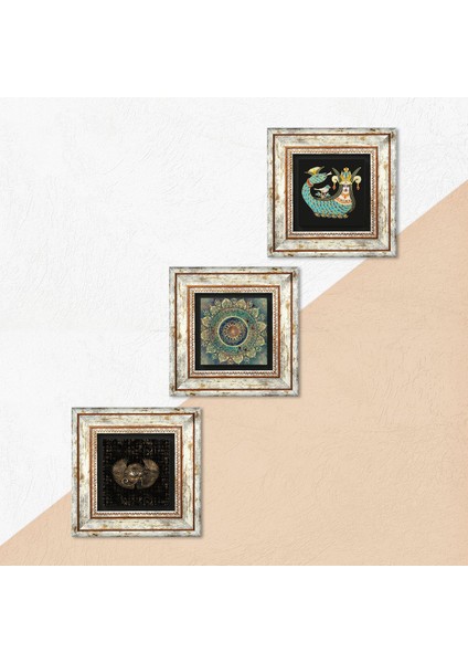 Mandala, Horus'un Gözü, Şahmeran Taş Duvar Tablosu Çerçeveli Duvar Dekoru 3 Parça Tablo Seti Wall Art T3-455