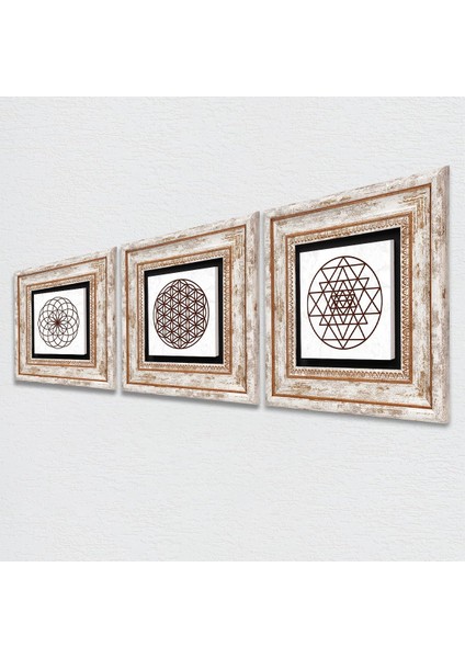 Yaşam Çiçeği, Sri Yantra Çerçeveli Taş Duvar Tablosu 3’lü Set - Dekoratif Modern Sanat, Ev ve Ofis Dekoru |TK3-46| fiyatları