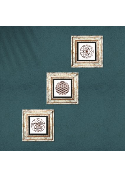 Yaşam Çiçeği, Sri Yantra Çerçeveli Taş Duvar Tablosu 3’lü Set - Dekoratif Modern Sanat, Ev ve Ofis Dekoru |TK3-46| fırsatları