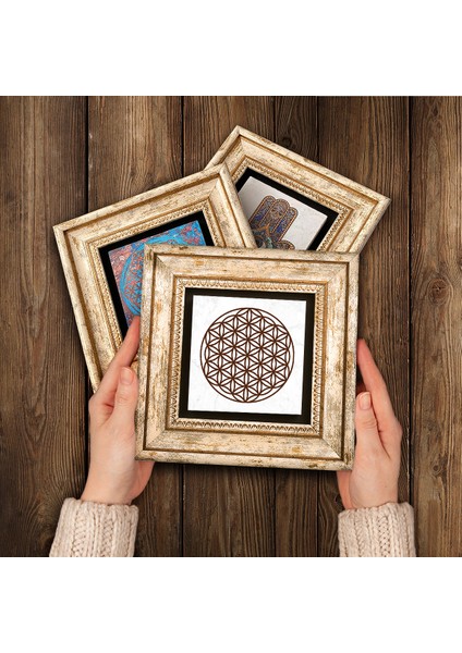 Yaşam Çiçeği, Sri Yantra Çerçeveli Taş Duvar Tablosu 3’lü Set - Dekoratif Modern Sanat, Ev ve Ofis Dekoru |TK3-46| modelleri