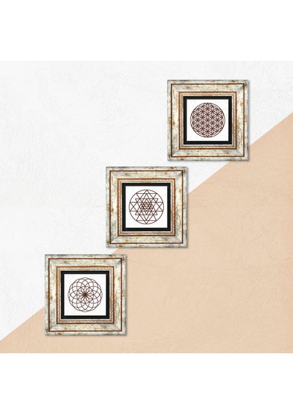 Yaşam Çiçeği, Sri Yantra Çerçeveli Taş Duvar Tablosu 3’lü Set - Dekoratif Modern Sanat, Ev ve Ofis Dekoru |TK3-46| indirimleri