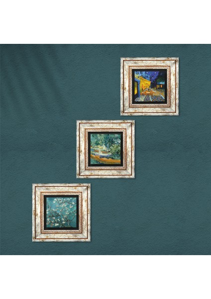 Stone Van Gogh Oise Bankası, Kafe Terasta Gece, Badem Ağacı Çerçeveli Taş Duvar Tablosu 3’lü Set - Dekoratif Modern Sanat, Ev ve Ofis Dekoru |TK3-465| fırsatları