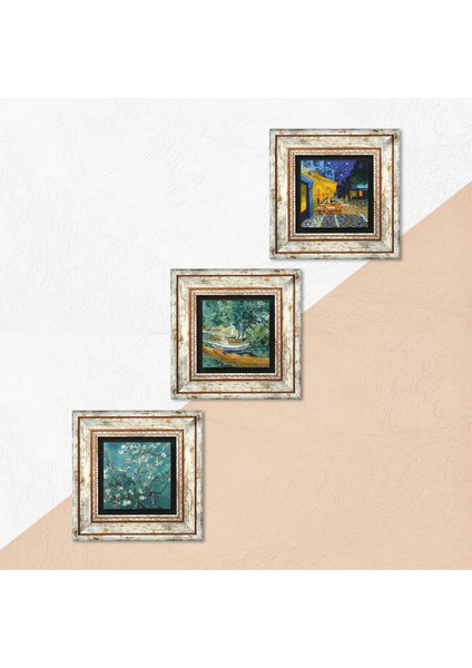 Stone Van Gogh Oise Bankası, Kafe Terasta Gece, Badem Ağacı Çerçeveli Taş Duvar Tablosu 3’lü Set - Dekoratif Modern Sanat, Ev ve Ofis Dekoru |TK3-465| indirimleri