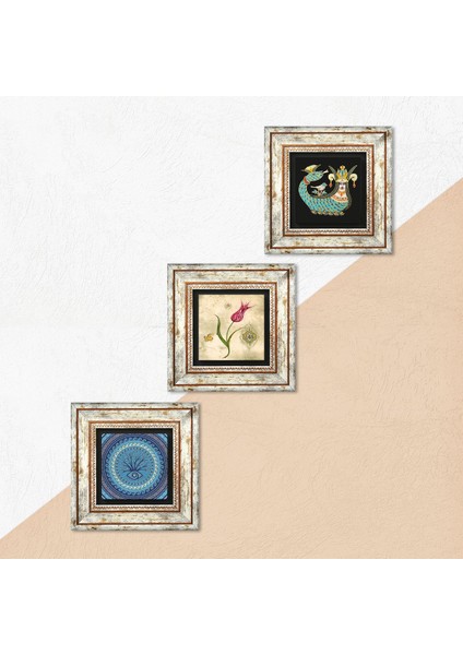 Nazar, Lale Ebru Sanatı, Şahmeran Taş Duvar Tablosu Çerçeveli Duvar Dekoru 3 Parça Tablo Seti Wall Art T3-662