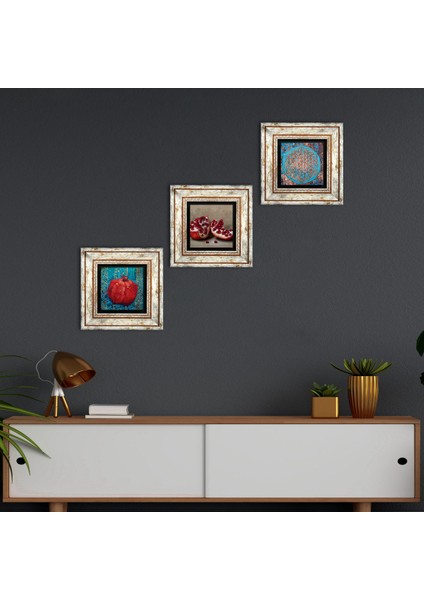 Yaşam Çiçeği, Nar Taş Duvar Tablosu Çerçeveli Duvar Dekoru 3 Parça Tablo Seti Wall Art T3-827