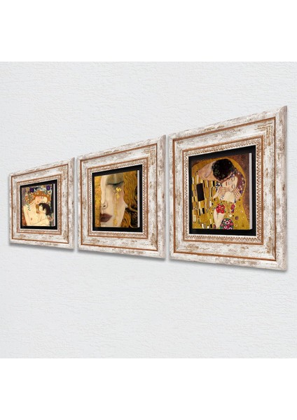 Gustav Klimt Altın Gözyaşları, Anne Çocuk, Öpücük Taş Duvar Tablosu Çerçeveli Duvar Dekoru 3 Parça Tablo Seti Wall Art T3-83