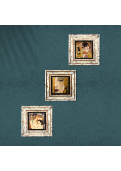 Gustav Klimt Altın Gözyaşları, Anne Çocuk, Öpücük Taş Duvar Tablosu Çerçeveli Duvar Dekoru 3 Parça Tablo Seti Wall Art T3-83
