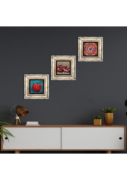 Mandala, Nar Taş Duvar Tablosu Çerçeveli Duvar Dekoru 3 Parça Tablo Seti Wall Art T3-834