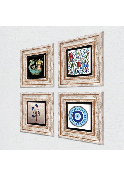 Nazar, Ebru Sanatı, Lale, Şahmeran Taş Duvar Tablosu Çerçeveli Duvar Dekoru 4 Parça Tablo Seti Wall Art T4-1000