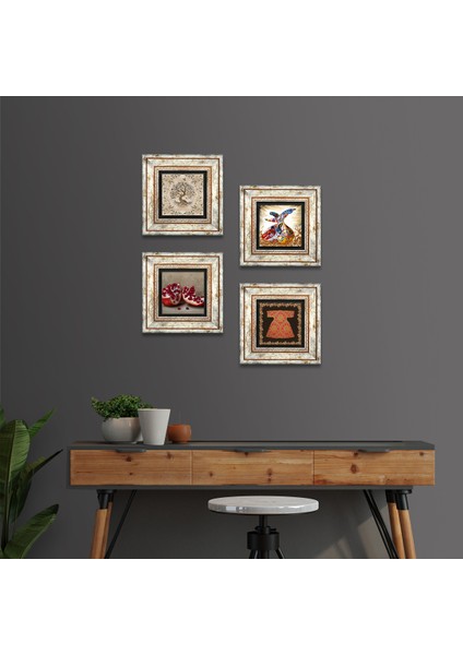 Stone Hırka-i Şerif, Hayat Ağacı, Semazen, Nar Çerçeveli Taş Duvar Tablosu 4’lü Set - Dekoratif Modern Sanat, Ev ve Ofis Dekoru |TK4-101|