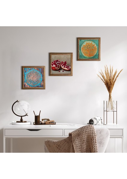 Yaşam Çiçeği, Lotus Çiçeği, Nar Ahşap Çerçeveli Taş Duvar Tablosu 3’lü Set – 25x25 cm Dekoratif Modern Sanat – Ev ve Ofis Dekoru |W3-1668|