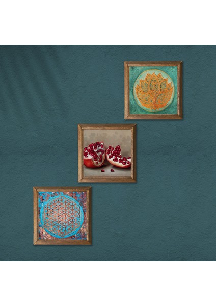 Yaşam Çiçeği, Lotus Çiçeği, Nar Ahşap Çerçeveli Taş Duvar Tablosu 3’lü Set – 25x25 cm Dekoratif Modern Sanat – Ev ve Ofis Dekoru |W3-1668| modelleri