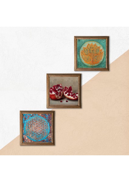 Yaşam Çiçeği, Lotus Çiçeği, Nar Ahşap Çerçeveli Taş Duvar Tablosu 3’lü Set – 25x25 cm Dekoratif Modern Sanat – Ev ve Ofis Dekoru |W3-1668| indirimleri
