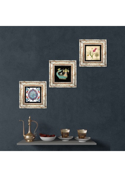 Lale Ebru Sanatı, Çini Sanatı, Şahmeran Taş Duvar Tablosu Çerçeveli Duvar Dekoru 3 Parça Tablo Seti Wall Art T3-648