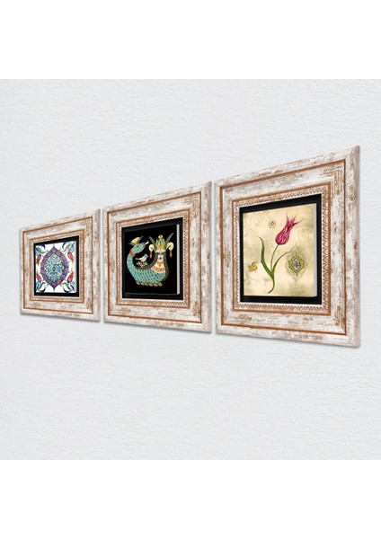 Lale Ebru Sanatı, Çini Sanatı, Şahmeran Taş Duvar Tablosu Çerçeveli Duvar Dekoru 3 Parça Tablo Seti Wall Art T3-648