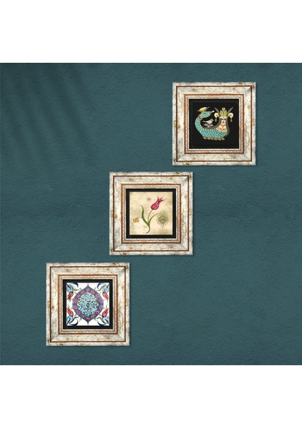 Lale Ebru Sanatı, Çini Sanatı, Şahmeran Taş Duvar Tablosu Çerçeveli Duvar Dekoru 3 Parça Tablo Seti Wall Art T3-648