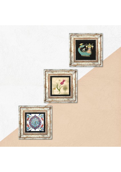 Lale Ebru Sanatı, Çini Sanatı, Şahmeran Taş Duvar Tablosu Çerçeveli Duvar Dekoru 3 Parça Tablo Seti Wall Art T3-648