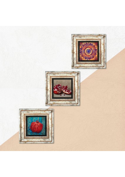 Mandala, Nar Taş Duvar Tablosu Çerçeveli Duvar Dekoru 3 Parça Tablo Seti Wall Art T3-834