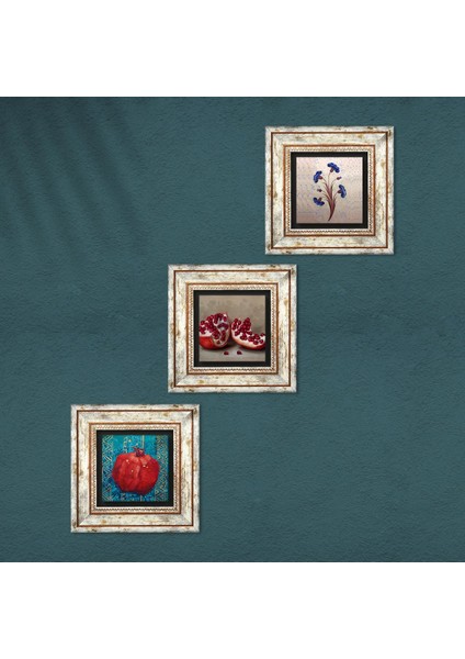 Ebru Sanatı, Nar Taş Duvar Tablosu Çerçeveli Duvar Dekoru 3 Parça Tablo Seti Wall Art T3-837
