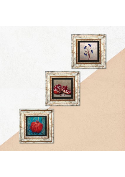 Ebru Sanatı, Nar Taş Duvar Tablosu Çerçeveli Duvar Dekoru 3 Parça Tablo Seti Wall Art T3-837