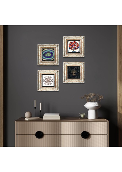 Stone Nazar, Sri Yantra, Hayat Ağacı, Nar Ağacı Çerçeveli Taş Duvar Tablosu 4’lü Set - Dekoratif Modern Sanat, Ev ve Ofis Dekoru |TK4-1019|