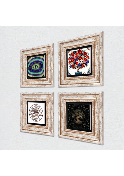 Stone Nazar, Sri Yantra, Hayat Ağacı, Nar Ağacı Çerçeveli Taş Duvar Tablosu 4’lü Set - Dekoratif Modern Sanat, Ev ve Ofis Dekoru |TK4-1019| fiyatları