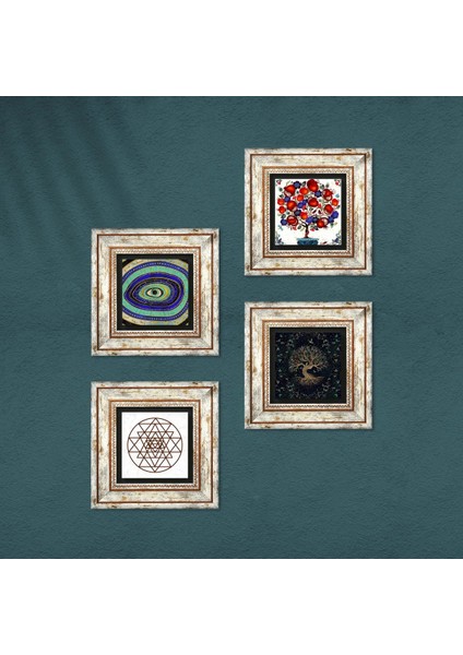 Stone Nazar, Sri Yantra, Hayat Ağacı, Nar Ağacı Çerçeveli Taş Duvar Tablosu 4’lü Set - Dekoratif Modern Sanat, Ev ve Ofis Dekoru |TK4-1019| fırsatları