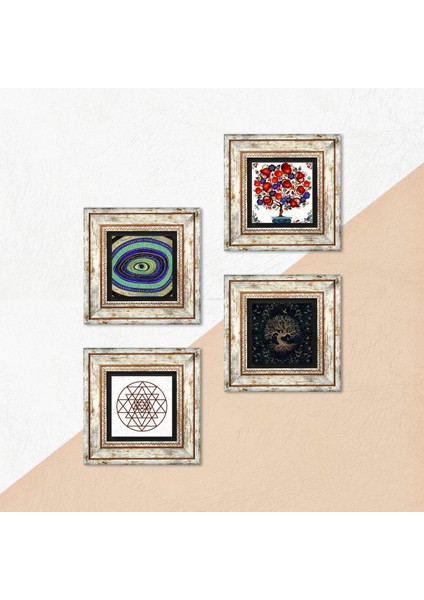 Stone Nazar, Sri Yantra, Hayat Ağacı, Nar Ağacı Çerçeveli Taş Duvar Tablosu 4’lü Set - Dekoratif Modern Sanat, Ev ve Ofis Dekoru |TK4-1019| indirimleri