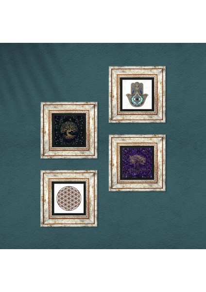Stone Yaşam Çiçeği, Hayat Ağacı, Fatma Ana Eli (Hamsa) Çerçeveli Taş Duvar Tablosu 4’lü Set - Dekoratif Modern Sanat, Ev ve Ofis Dekoru |TK4-1171| fırsatları
