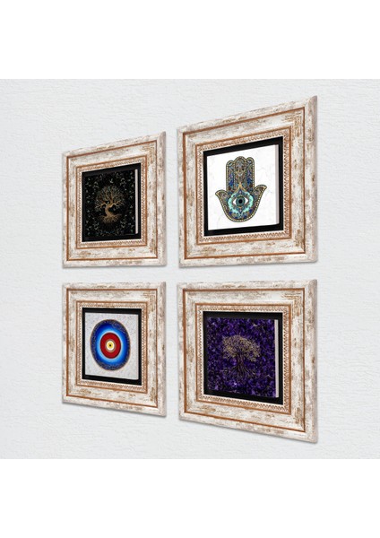 Stone Nazar, Hayat Ağacı, Fatma Ana Eli (Hamsa) Çerçeveli Taş Duvar Tablosu 4’lü Set - Dekoratif Modern Sanat, Ev ve Ofis Dekoru |TK4-1173| fiyatları