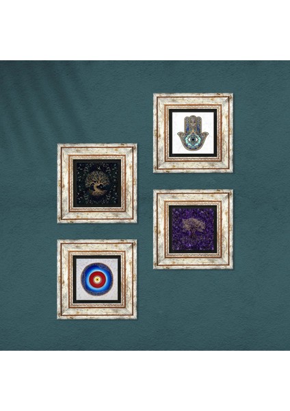 Stone Nazar, Hayat Ağacı, Fatma Ana Eli (Hamsa) Çerçeveli Taş Duvar Tablosu 4’lü Set - Dekoratif Modern Sanat, Ev ve Ofis Dekoru |TK4-1173| fırsatları