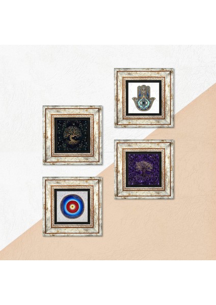 Stone Nazar, Hayat Ağacı, Fatma Ana Eli (Hamsa) Çerçeveli Taş Duvar Tablosu 4’lü Set - Dekoratif Modern Sanat, Ev ve Ofis Dekoru |TK4-1173| indirimleri
