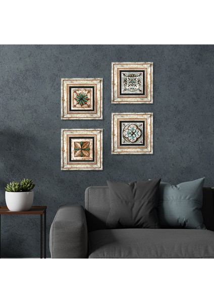 Fas Desenli Vintage, Çini Sanatı Taş Duvar Tablosu Çerçeveli Duvar Dekoru 4 Parça Tablo Seti Wall Art T4-118